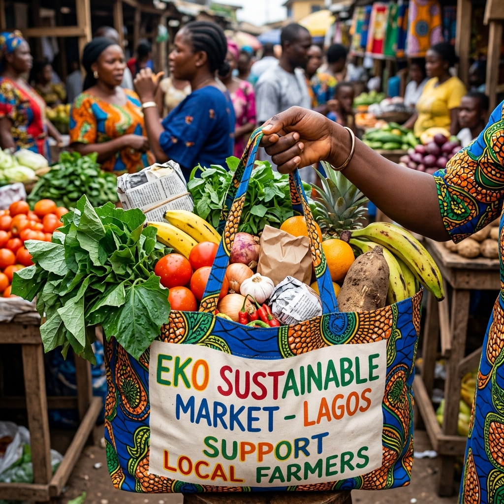Reusable shopping bag filled with fresh local produce